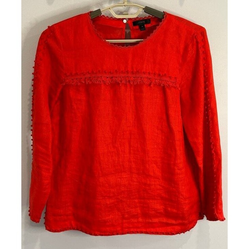 J Crew Tomato Red Lace and Tassel Trim Long Sleeve 100% Linen Shirt Size 4